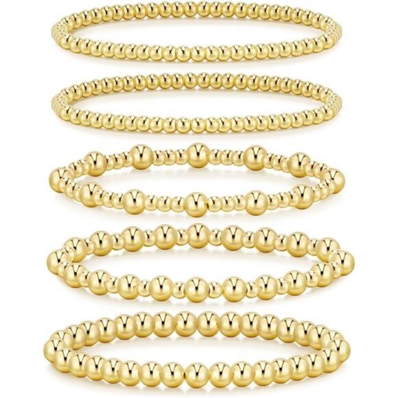 Gold Beaded Bracelets for Women Stackable Adjustable 14K Gold Plated Jewelry Set - Picture 1 of 6